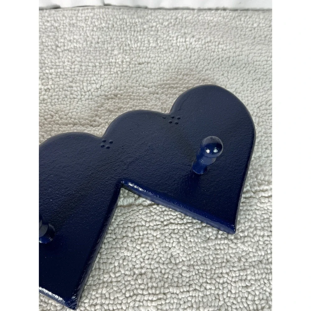 Vintage Navy Blue Wooden Heart Wall Rack 4 Hook Country Home Decor